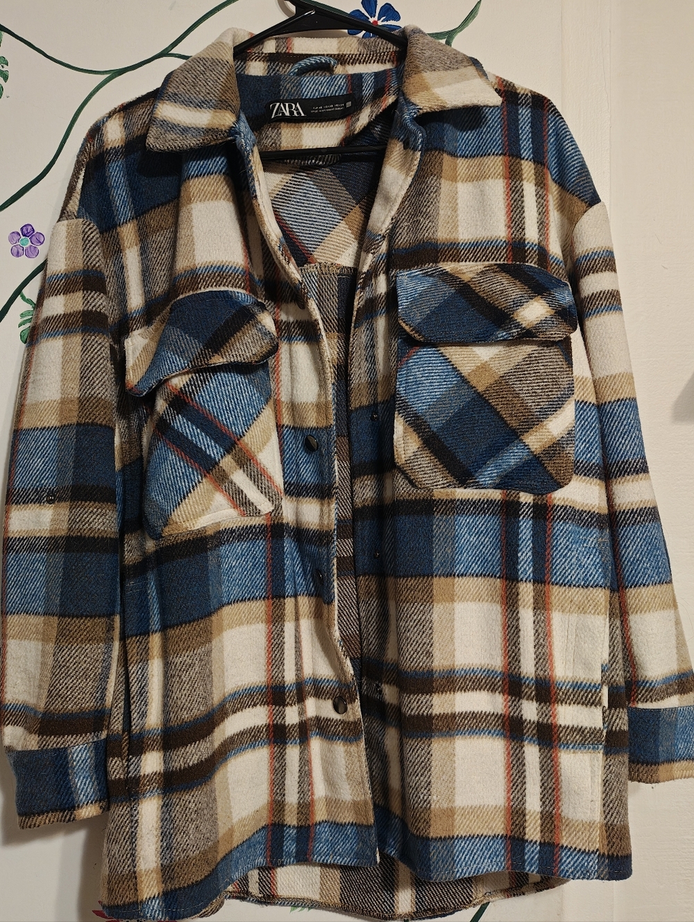ZARA Blue, Cream & Brown Plaid Utility Shacket